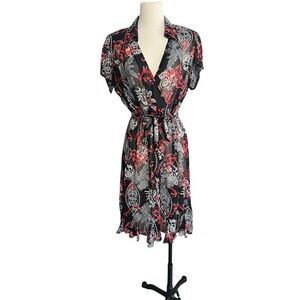 Vintage JBS Womens Sheer Button Dress Black Red Floral Tie Waist Boho Whimsigoth